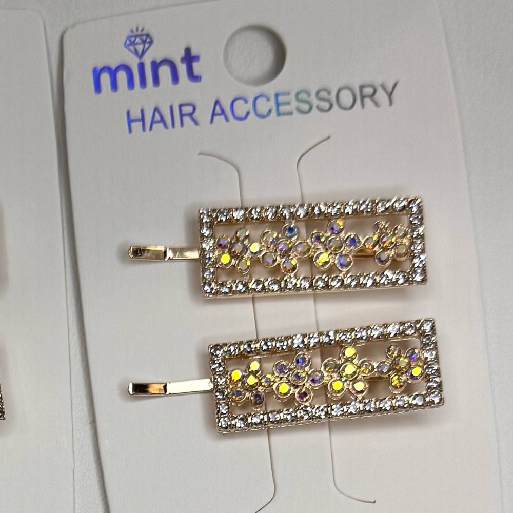 Mint Gold and Clear Iridescent Crystal Rectangle Hair Clips Sparkling Accessorie
